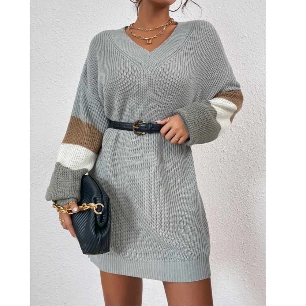 Cozy color Block Knit Oversized Sweater Dress - Picture 1 of 5